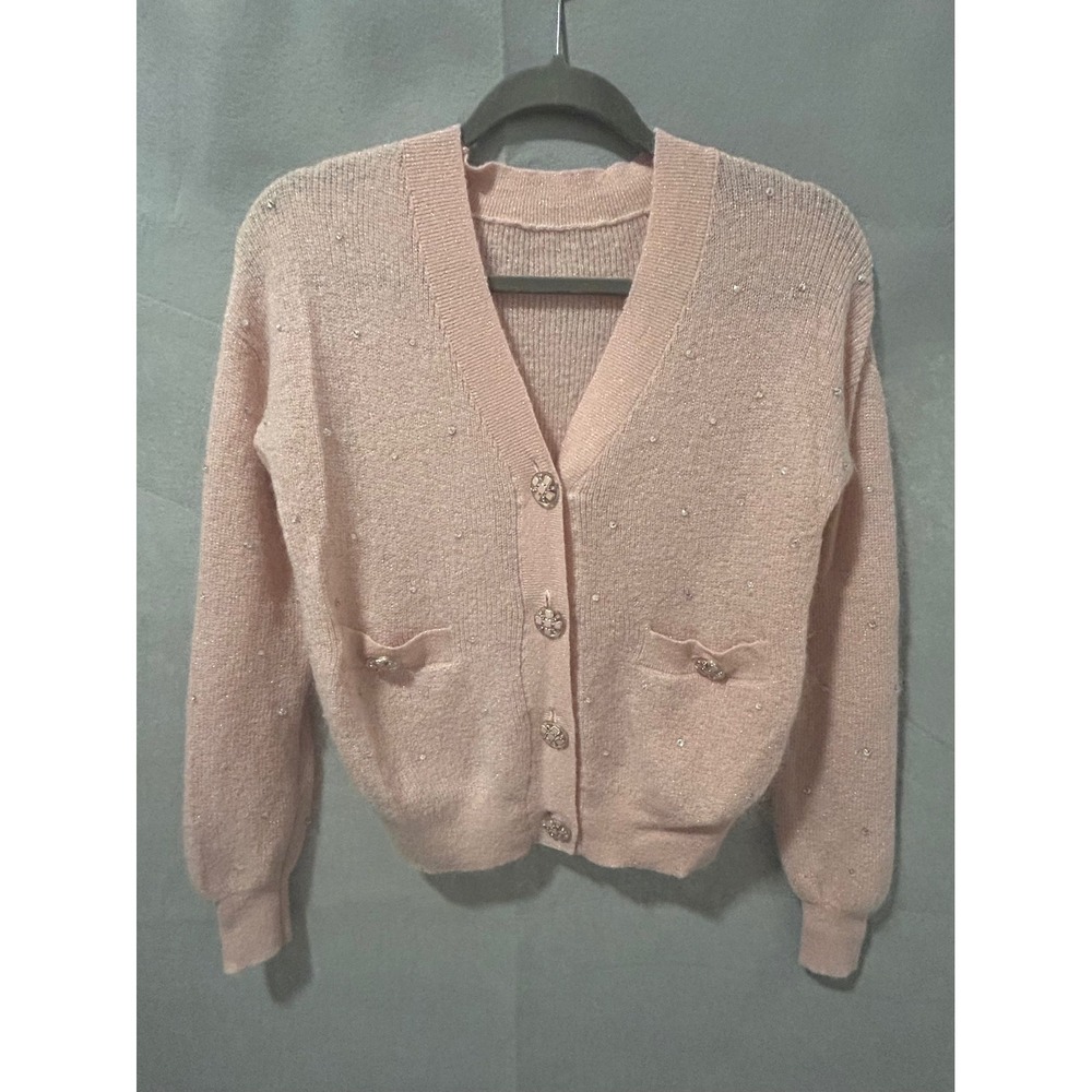 Coven Garden Pink Mohair Wool Blend Shimmer Rhinestone Cardigan Sweater Small